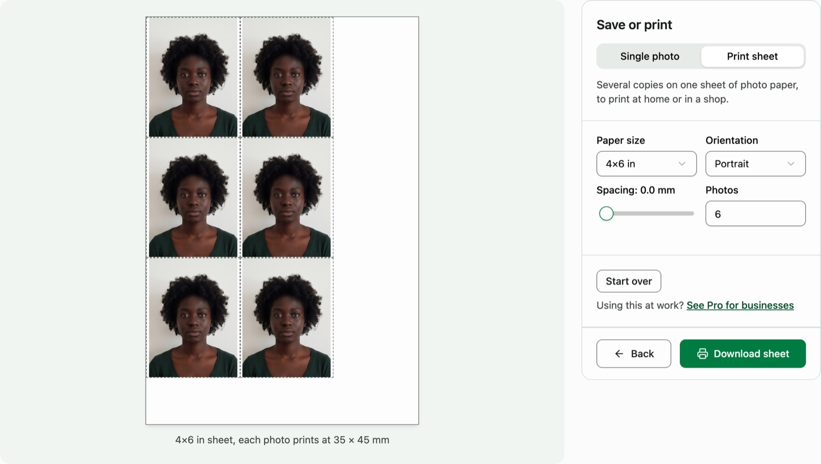 The print step: a 4 by 6 inch sheet of passport portraits, with paper size and layout choices beside it.