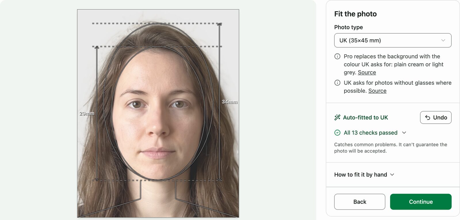 The same woman after Pro: auto-fitted to the UK guide on a light grey background, hair and all, with all 13 checks passed.